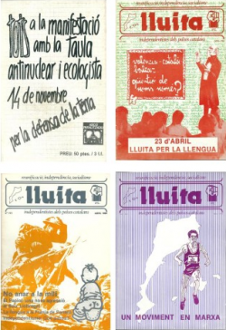 36. Contraportada i portades de Lluita (publicació periodica de lIPC) desquerra a dreta i de dalt a baix, números: 102, novembre 1982,105, abril 1983, 111, abril 1984 i 104, març 1983. IPC