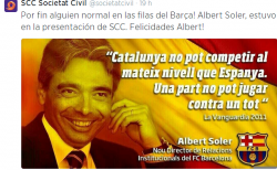 Tweet de l'any passat de Societat Civil Catalana anunciant el nou càrrec d'Albert Soler (director d'esports professionals del F.C. Barcelona)