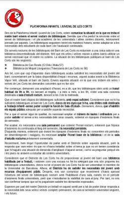 Comunicat de la Plataforma Infantil i Juvenil de Les Corts