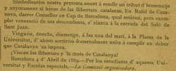 04/04/1889- Primera convocàtòria de concentració davant l'estàtua de Rafael Casanova de Barcelona 