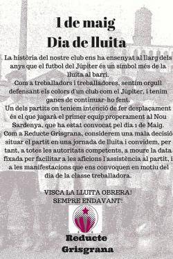 Recentment la penya Reducte Gris Grana va demanar un canvi de dia de partit per no fer-lo coincidir amb l'1 de maig  (imatge: facebook Reducte Gris Grana)