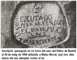Inscripció de Mateu Morral a un arbre del parc del Retiro de Madrid