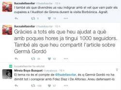 Piulades de Lluc Salellas i Mireia Boya sobre la polèmica sobre Germà Gordó i els comptes de Twitter blocats