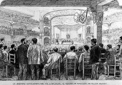 Imatge de l'acte on es considera que es va fer el primer discurs independentista,  realitzat el 25 de juliol del 1886, al Teatre Novetats.