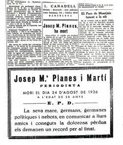 Josep M. Planes serà recordat a Manresa en el 80è aniversari de l'assassinat del periodista
