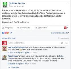 Aclariments de BioRitme sobre la cancel·lació del concert de Muerdo
