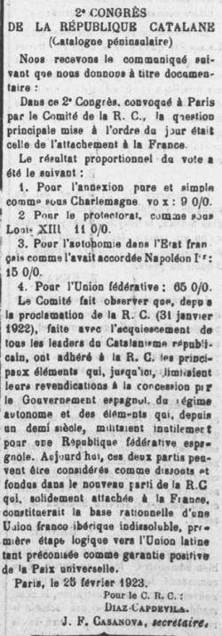 Encara, el febrer del 1923 el "Segon Congre?s de la Repu?blica Catalana" es planteja l'annexio? a Franc?a. Retall premsa de Paris