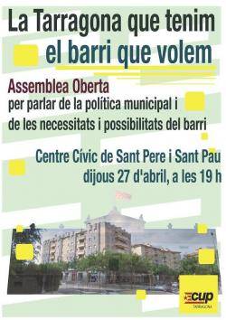 La CUP Tarragona celebrarà el dijous 27 d?abril una assemblea oberta a Sant Pere i Sant Pau