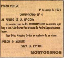 1970 Els Montoneros segresten i executen el president argentí Aramburu