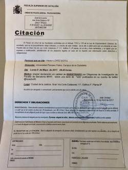 Hèctor López Bofill està citat a declarar aquest dilluns 8 de maig a la Ciutat de la Justícia com a investigat per "una sèrie de tuits" publicats al seu compte de Twitter.