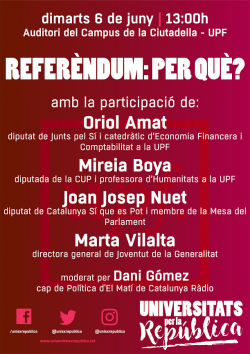 L'Auditori Campus Ciutadella de la UP acull l'acte d'Universitats per la República sobre ?Referèndum: per què??