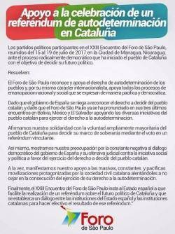 El XXIII Fòrum Sao Paulo aprova una moció a favor del referèndum d'autodeterminació de Catalunya