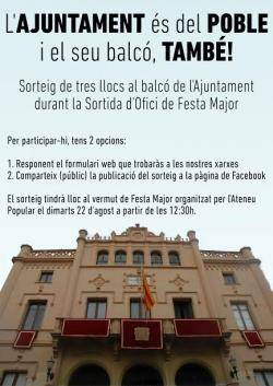 La CUP Sitges sortejarà els seus espais al balcó de l'Ajuntament per la Sortida d'Ofici de Festa Major