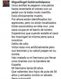 Comentari recent de Miguel Ángel Gutiérrez del Peso (amic de Víctor Láinez) comentant els fets de divendres tot comparant-los amb els de lany 2008 quan va ser condemnat per una agressió a un jove destètica alternativa. (Imatge: Twitter).