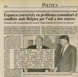 Notícia al diari 'Avui' sobre el conflicte entre el govern espanyol i Bèlgica, que va negar l'extradició de dos independentistes bascos per l?existència de la tortura a l'Estat espanyol