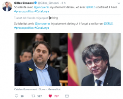 Gilles Simeoni, que va ser alcalde de Bastia del 5 d'abril de 2014 fins al 7 de gener de 2016 i actualment és president del Consell executiu de Còrsega des del 17 de desembre de 2015, ha fet un tweet solidaritzant-se amb Oriol Junqueras i Carles Puigdemon
