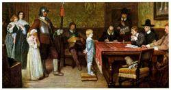 Una pintura de W.F. Yeames mostra un interrogatori de dones i nens realistes fet per parlamentaris i militars de l'exèrcit purità d'Oliver Cromwell.