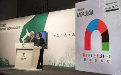 El conseller de Presidència i vicepresident de la Junta d'Andalusia, Manuel Jiménez Barrios, i la consellera de Justícia i Governació, Rosa Aguilar, a la roda de premsa sobre els resultats electorals del 2 de desembre de 2018. Foto: Junta de Andalucía / M