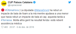 La diputada de la CUP Maria Sirvent ferida a la mà per un projectil de 'foam' disparat pels mossos