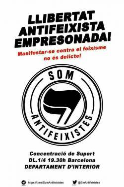 Concentració davant del departament d'Interior a Barcelona per exigir la llibertat de l'antifeixista empresonada