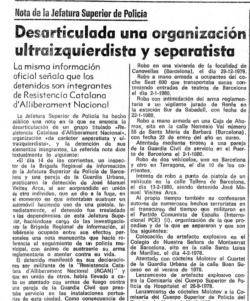 Notícia sobre les detencions del membres del RCAN el febrer de 1980