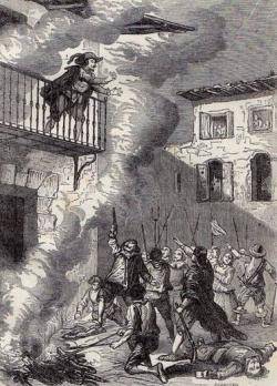 Escena d'un llibre de Víctor Balaguer que mostra la mort de l'agutzil Miguel de Monrodon el 30 d'abril de 1640 a Santa Coloma de Farners, en els moments inicials de la Revolta dels Segadors.