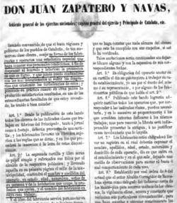 1855 El capità general de Catalunya Juan Zapatero publica un Ban amb la prohibició de totes les Societats Obreres