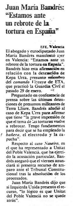 1992 Juan Maria Bandrés fa unes declaracions sobre la pervivència de la tortura a Espanya1992 Juan Maria Bandrés fa unes declaracions sobre la pervivència de la tortura a Espanya