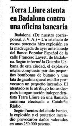 1986 Terra Lliure col·loca un explosiu contra una oficina del Banco Popular Español a Badalona