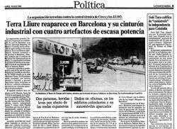1988 Terra Lliure realitza un atac coordinat amb explosius a Cornellà, Barcelona, Badalona i El Masnou