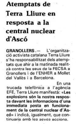 1982 Atac amb explosius de Terra Lliure contra ENHER i FECSA de Barcelona i Mollet