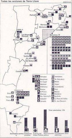 Mapa d'accions de Terra Lliure aparegut a la premsa.