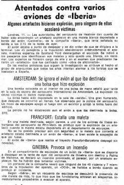 Accions realitzades el 1970 contra avions de la companyia Iberia a diverses ciutats europees, atribuïdes al grup llibertari 'Primero de Mayo'