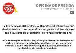 La I-CSC reclama a Ensenyament que es garanteixi el dret de vaga dels estudiants