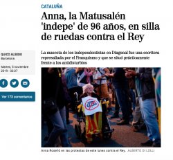 El diari espanyolista va dir a Anna Rosselló, de 96 anys, "matusalén" i "mascota de los independentistas"  (Imatge: Alberto Di Lolloli. El Mundo)