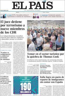 Portada del diari El País del 24 de setembre on s'afirma "Los independentistas escondian material para fabricar explosivos y planeaban atentar en octubre" (als registres de la guàrdia civil no es van trobar explosius)