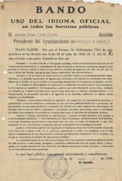 Ban feixista de 1940 en qu&egrave; s'amena&ccedil;ava de l'&uacute;s obligatori de l'"idioma oficial"