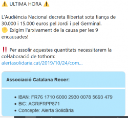 Per a poder pagar la fiança, Alerta Solidària demana aportacions solidàries al número de compte de lAssociació Catalana Recer, amb seu a Catalunya Nord: FR76 1710 6000 2930 0078 5693 479