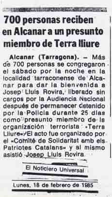 1985 Surt en llibertat de la presó de Carabanchel Josep Lluís Rovira, independentista d'Alcanar