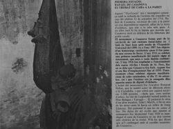 Imatge de l'estàtua de Rafael Casanova amagada al magatzem municipal del carrer Wellington de Barcelona (Imatge: Pàgina 14 de la revista Presència Nº 362 del 22 de març de 1975. El text de la imatge conté algunes incorreccions).