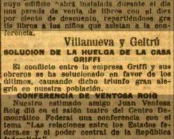 1931 Finalitza la llarga vaga de ciment Griffi S.A. a Vilanova i la Geltrú, amb importants conquestes sindicals