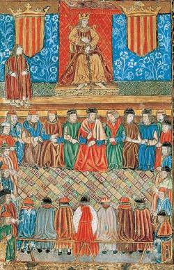 1249 El rei Jaume I nomena quatre prohoms a Barcelona com a paers (homes de pau): Imatge de Jaume I a les Corts