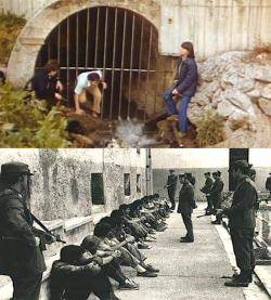 Imatge de la pel·lícula "La fuga de Segovia" i del recompte de presos polítics en aquesta presó després de l'evasió, el 1976