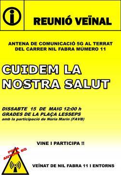 Títol de la imatgeTrobada veïnal sobre la instal·lació d'una antena 5G al carrer Nil Fabra 11 de Barcelona