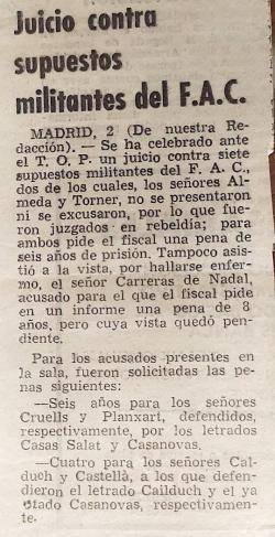 Notícia apareguda al 'Diario de Barcelona' el 1974 sobre les peticions fiscals a militants del FAC