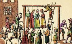 Gravat escocès del s.XVII on es mostra quatre dones acusades de bruixeria penjades mentre, a la dreta, el caçador rep la seva recompensa