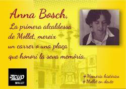 La CUP Mollet denuncia l'incompliment de l'acord de dedicar un espai a la primera alcaldessa democràtica Anna Bosch