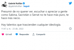La piulada de Gabriel Rufián elogiada per diversos mitjans de comunicació  espanyols.
