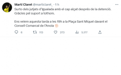 Finalment Martí Claret ha estat alliberat a primera hora de la tarda. Ha informat ell mateix del seu alliberament amb una piulada que diu: 'Surto dels jutjats dIgualada amb el cap alçat després de la detenció. Gràcies pel suport a tothom'.