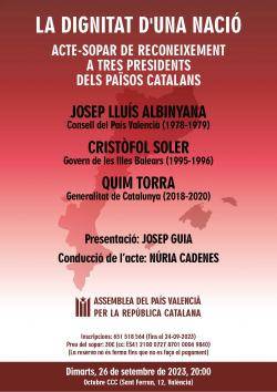 Acte de reconeixement als presidents Josep Lluís Albinyana, Cristòfol Soler i Quim Torra a València